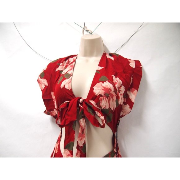 NWT Privacy Please Womens Allard Dress S Red Floral Tie Front Cut Out Midi - Picture 5 of 10